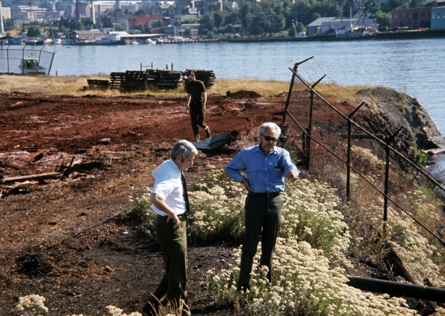 Maylor Uhlman surveying the site while Haag explains his plans, Seattle, 1974.