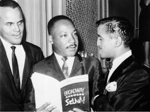 Harry Belafonte, Martin Luther King, Jr., and Sammy Davis, Jr. at the “Broadway Answers Selma” benefit show at the Majestic Theatre.   
